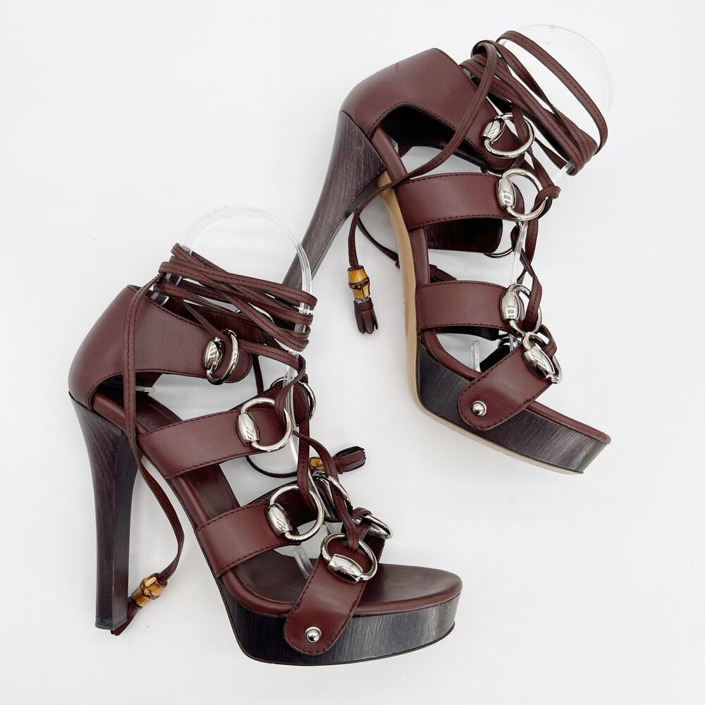 Gucci SS2007 Runway Cage Strappy Platform Lace Up Spice Brown Sandals US 7.5 - Picture 6 of 15